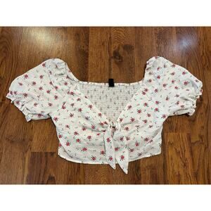 Cider Floral Bubble Sleeve Knot Front Crop Blouse White Women’s XL Trendy